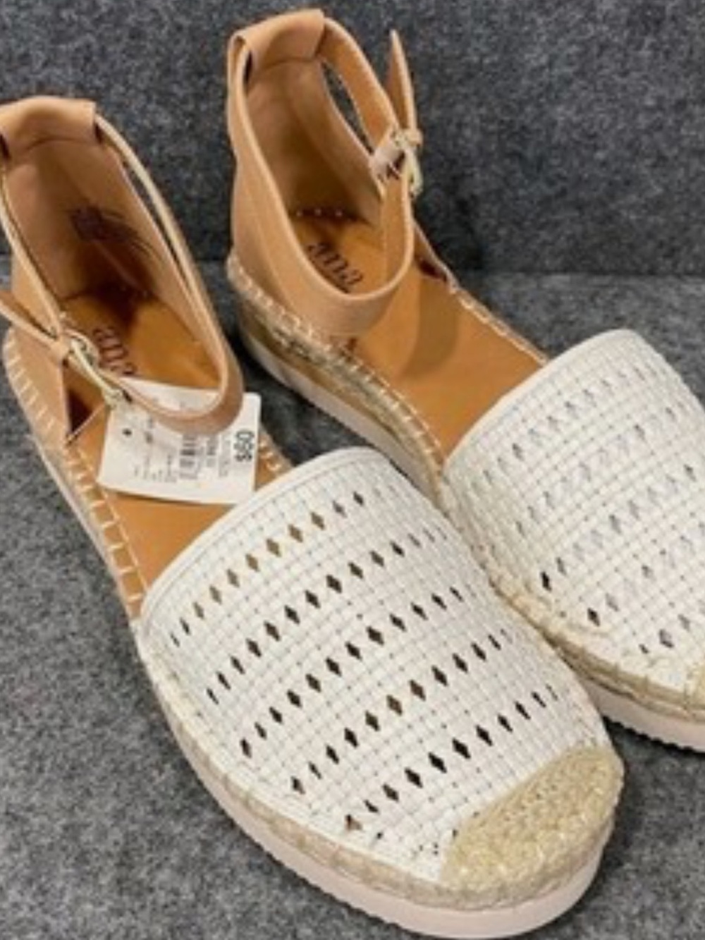 New! Women’s White Woven Espadrille Sandals with Tan Ankle Strap